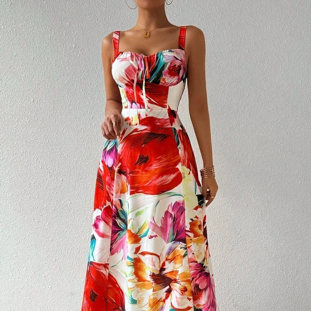 Multicolor Boho Women's Chest Strap Sleeveless Maxi Dress - Picture 5 of 5
